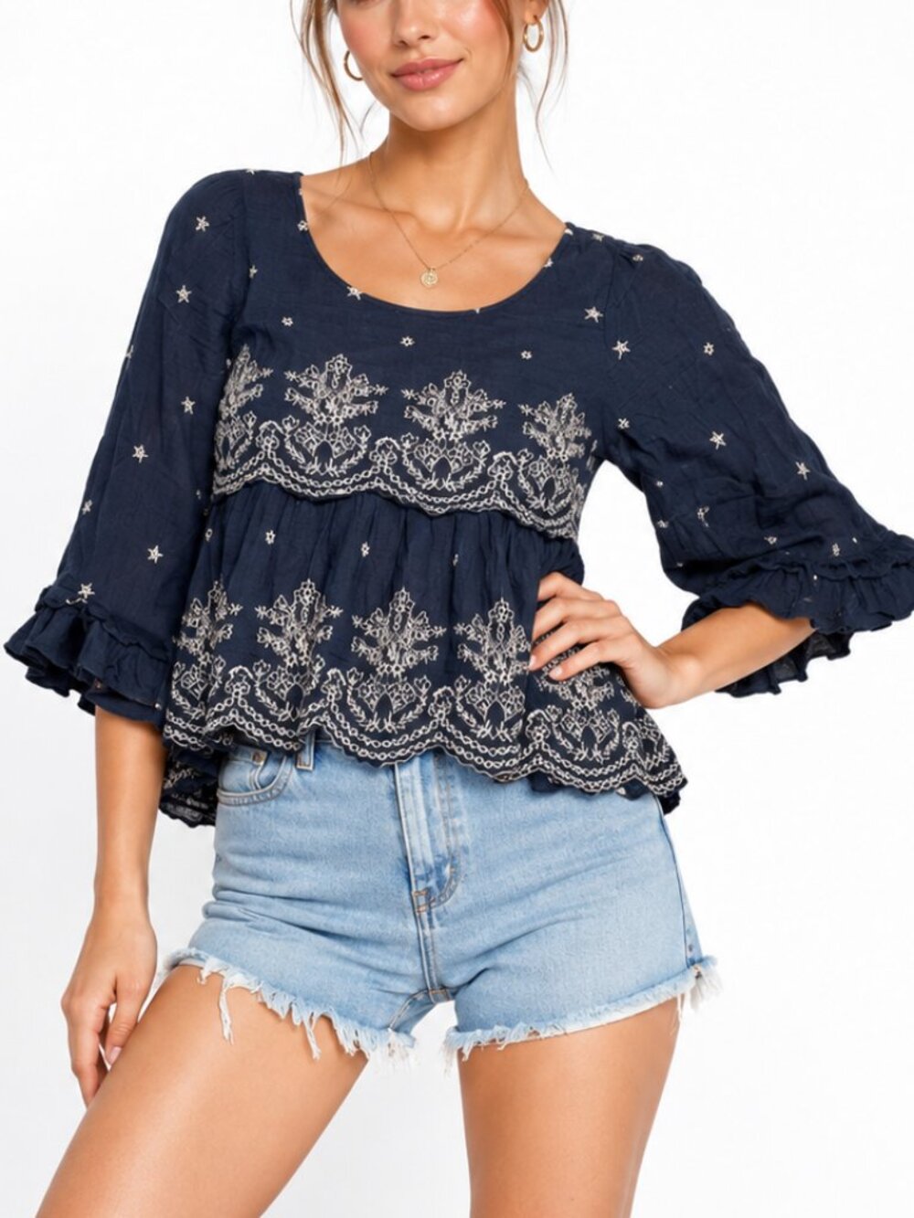 American Eagle Embroidered Peasant Blouse Bell‎ Sleeve Womens Small Boho Peasant